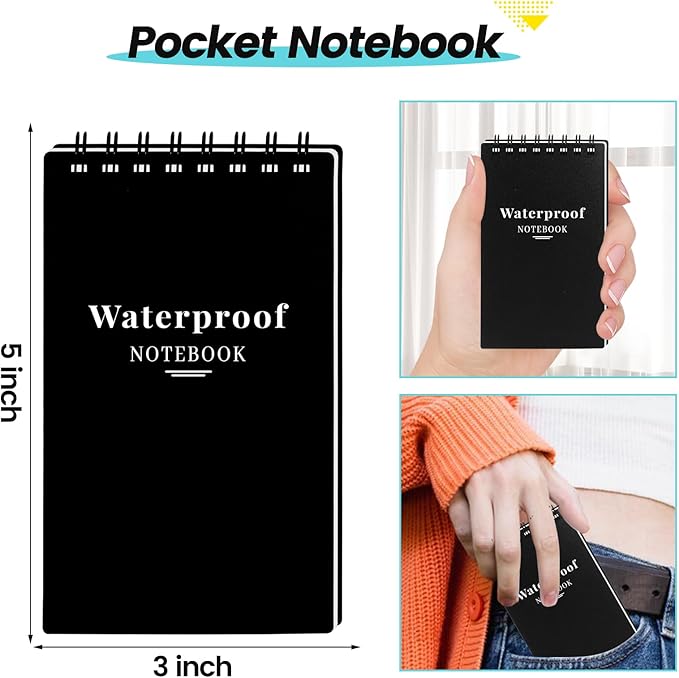 6 Pack Waterproof Notebook, 3x5 Pocket Notepad, Small Top Spiral Stone-Paper Notepad, Mini Pocket Notebook, Little Memo Note Pads for Outdoor, Office, School, Travel (Black)