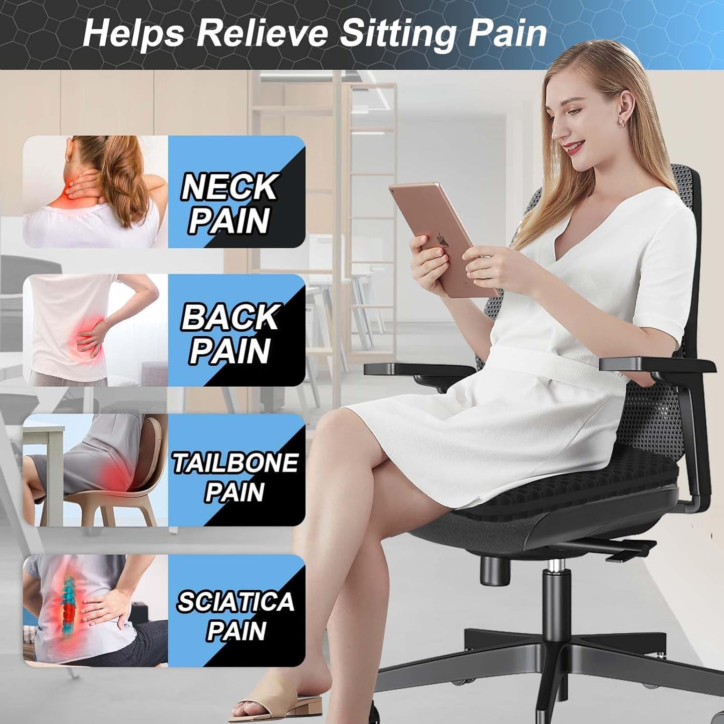 Seat Cushion, Gel Seat Cushion for Long Sitting– Back, Sciatica, Tailbone Pain Relief Pad, 19in Seat Pad for Car, Office Chair, Wheelchair, Soft Support for Long Trips