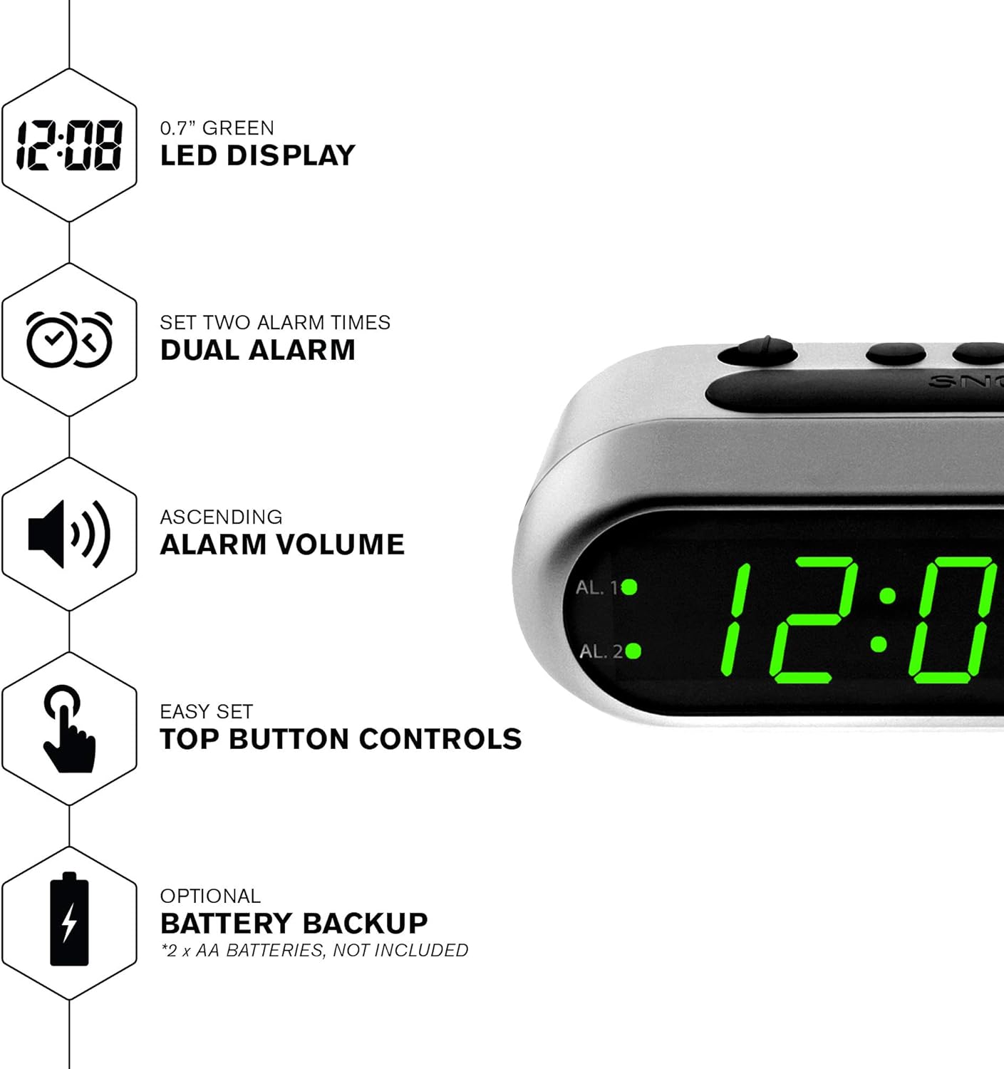 Sharp Digital Alarm Clock - Ascending Alarm Begins Faintly and Grows Increasing Louder, Gentle Wake Up Experience, Dual Alarm - Battery Back-up, Easy to Use with Simple Operation (Brushed Silver)