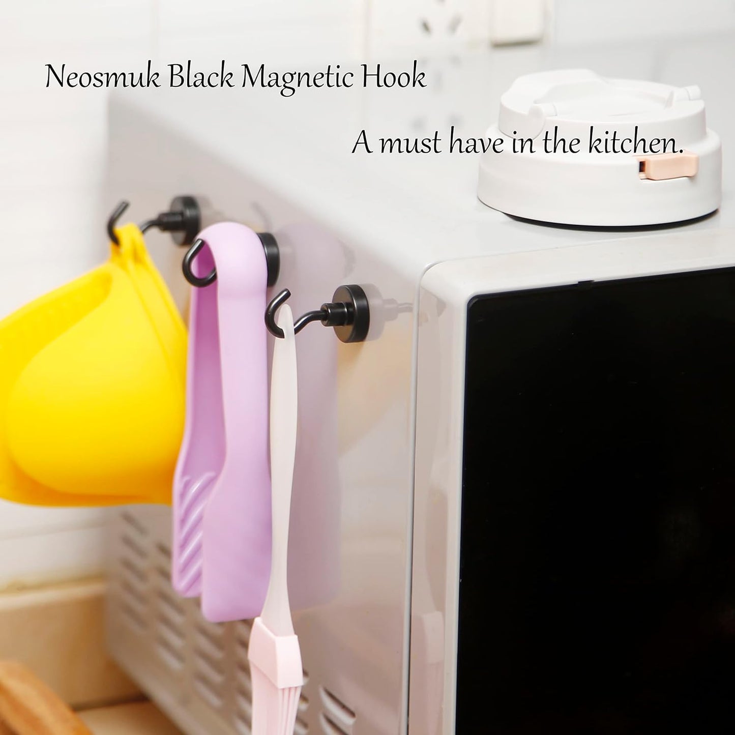 Neosmuk Magnetic Hooks, Heavy Duty Earth Magnets with Hook for Refrigerator, Extra Strong Cruise Hook for Hanging, Magnetic Hanger for Cabins, Grill (Black, 4 Pack)