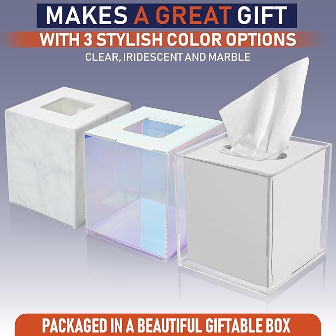 Acrylic Tissue Box Holder, Square Dispenser for Facial Tissues, Napkins, and Dryer Sheets. Perfect for Bathrooms, Desks, Countertops, Vanities, Bedrooms, and Nightstands (Square, Marble)