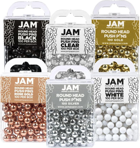 JAM PAPER Colorful Push Pins - Round Head Map Thumb Tacks - Assorted Business Colors - 600/Pack