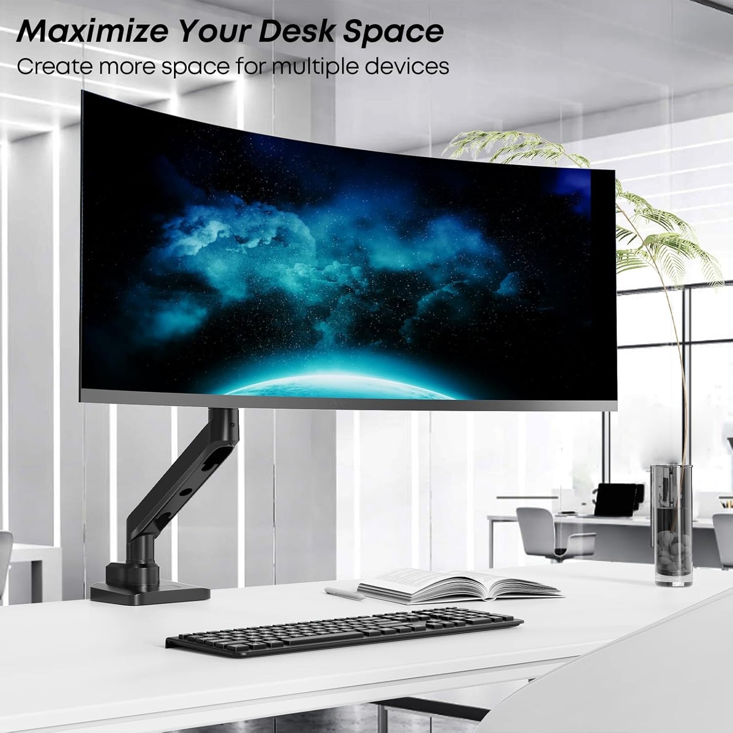 Premium Heavy Duty Monitor Arm for 17 to 49 inch Screens up to 44lbs, Fully Adjustable Ultrawide Single Clamp-on Desk Mount Stand, VESA 75x75/100x100mm (Black)