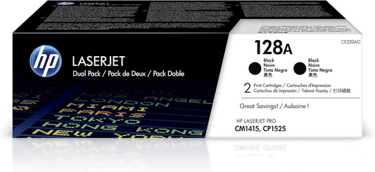 HP Original 128A Black Toner Cartridges (2-pack) | Works with LaserJet Pro CM1415 Color, CP1525 Color Series | CE320AD