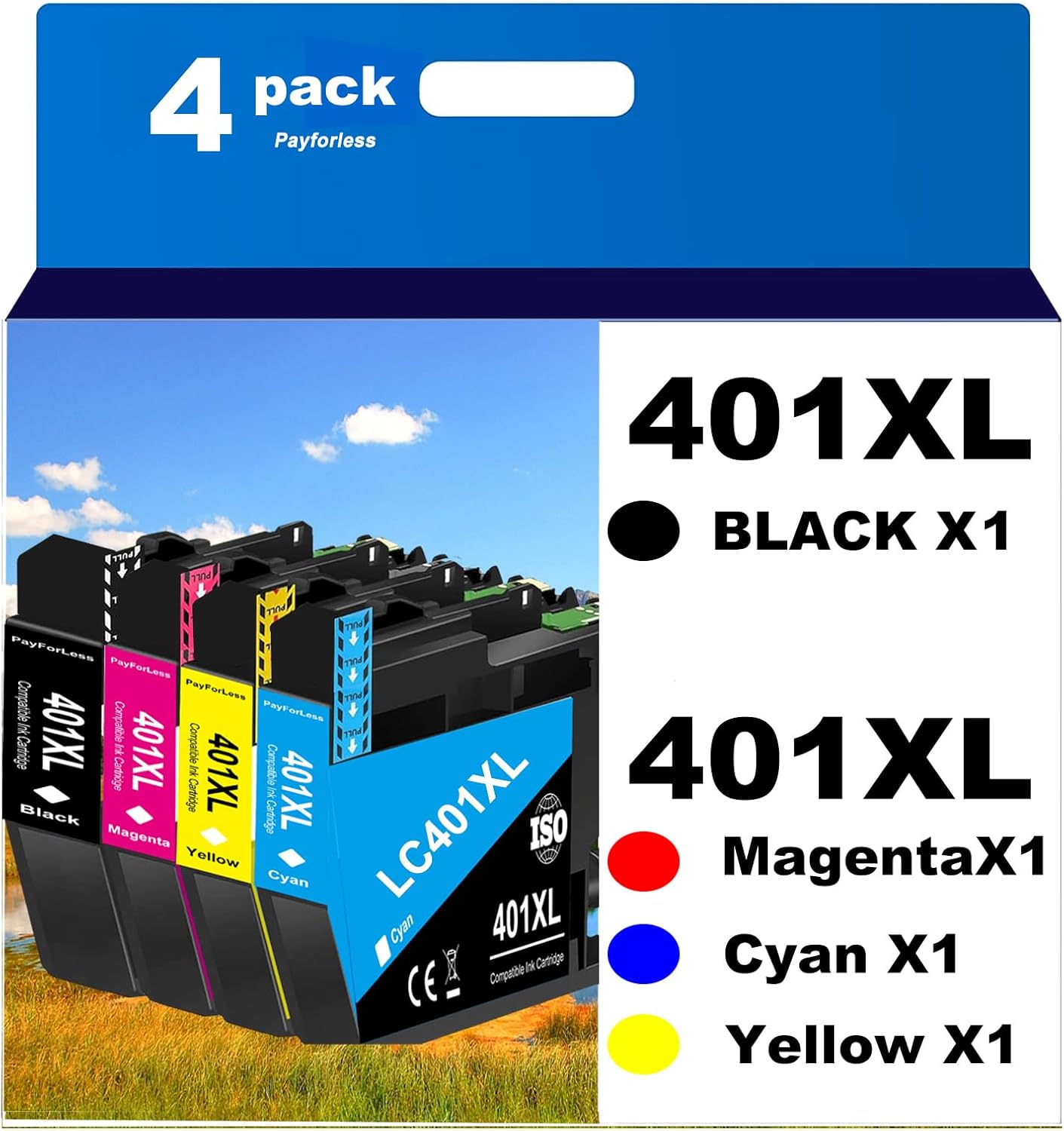 PayForLess LC401XL Ink Cartridges for Brother Printer Compatible for LC401 401 XL MFC-J1010DW MFC-J1012DW MFC-J1170DW Printer 4 Pack (1 Black, 1 Cyan, 1 Magenta, 1 Yellow) Not Original Ink Cartridge