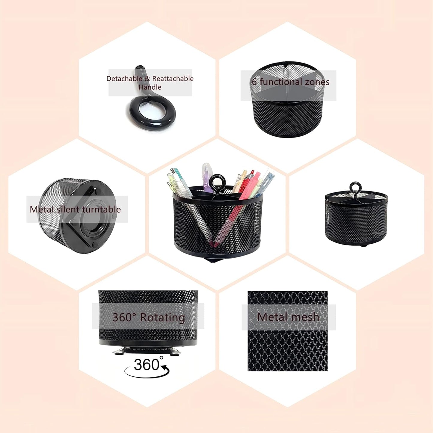 SETTFRFE Metal Mesh Desk Organizer,360°Rotating Pen Holder, Black Pencil Container with 6 Compartments, Office Supplies Organizer for Students, Home, Workspace
