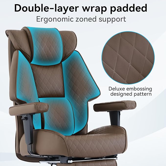 Big and Tall Office Chair with Footrest, PU Leather High Back Executive Office Chair 400lbs, Ergonomic Computer Chairs Lumbar Support for Heavy People (Brown)