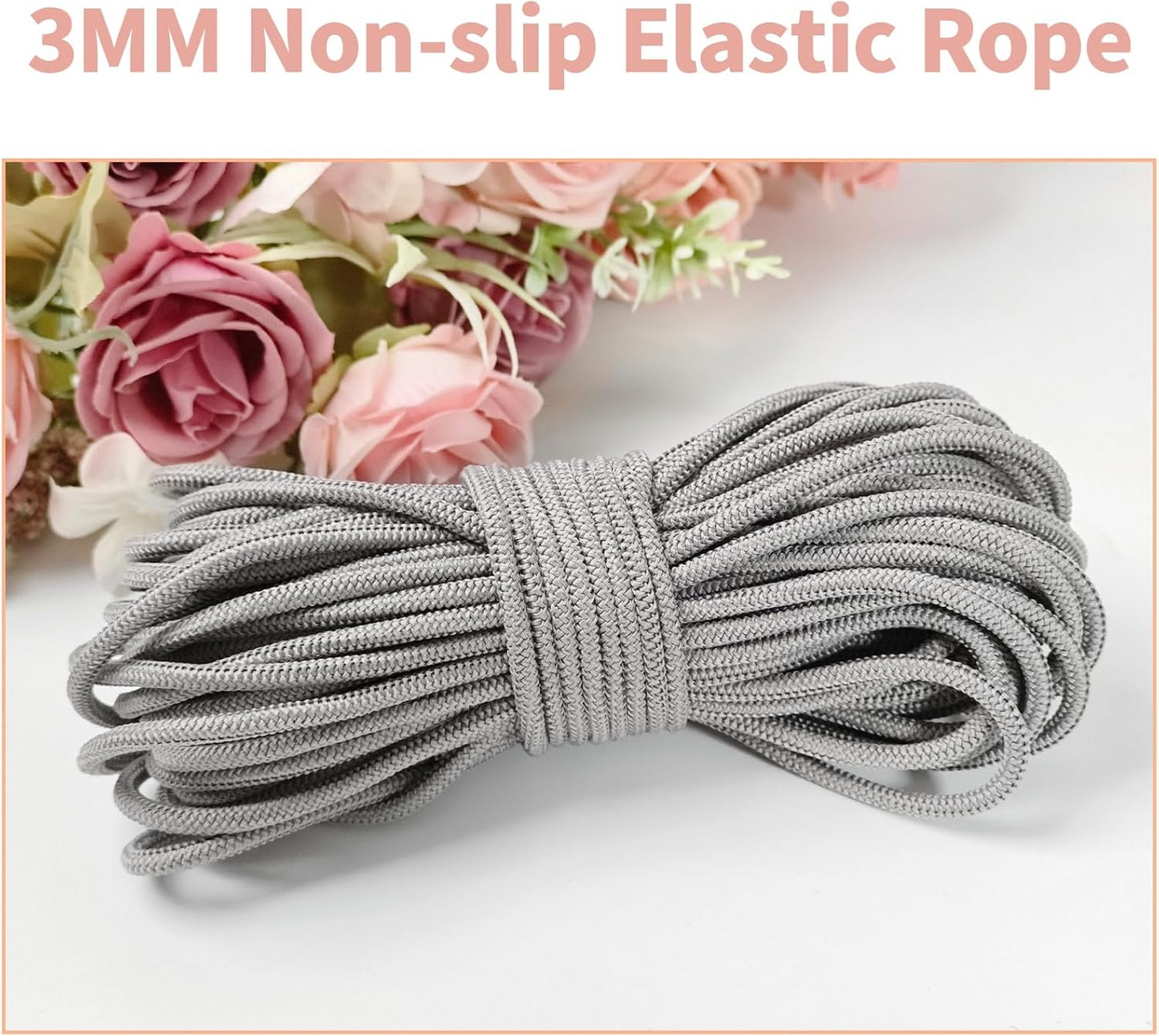 1/8 inch Gray Non-Slip Elastic Cord -3mm 15 Yards Soft Elastic Cord Stretch String Braided Thread for Sports Gear, DIY Crafts, Hair Bands, Shoelaces,Apparel Making & Camping Tie Down