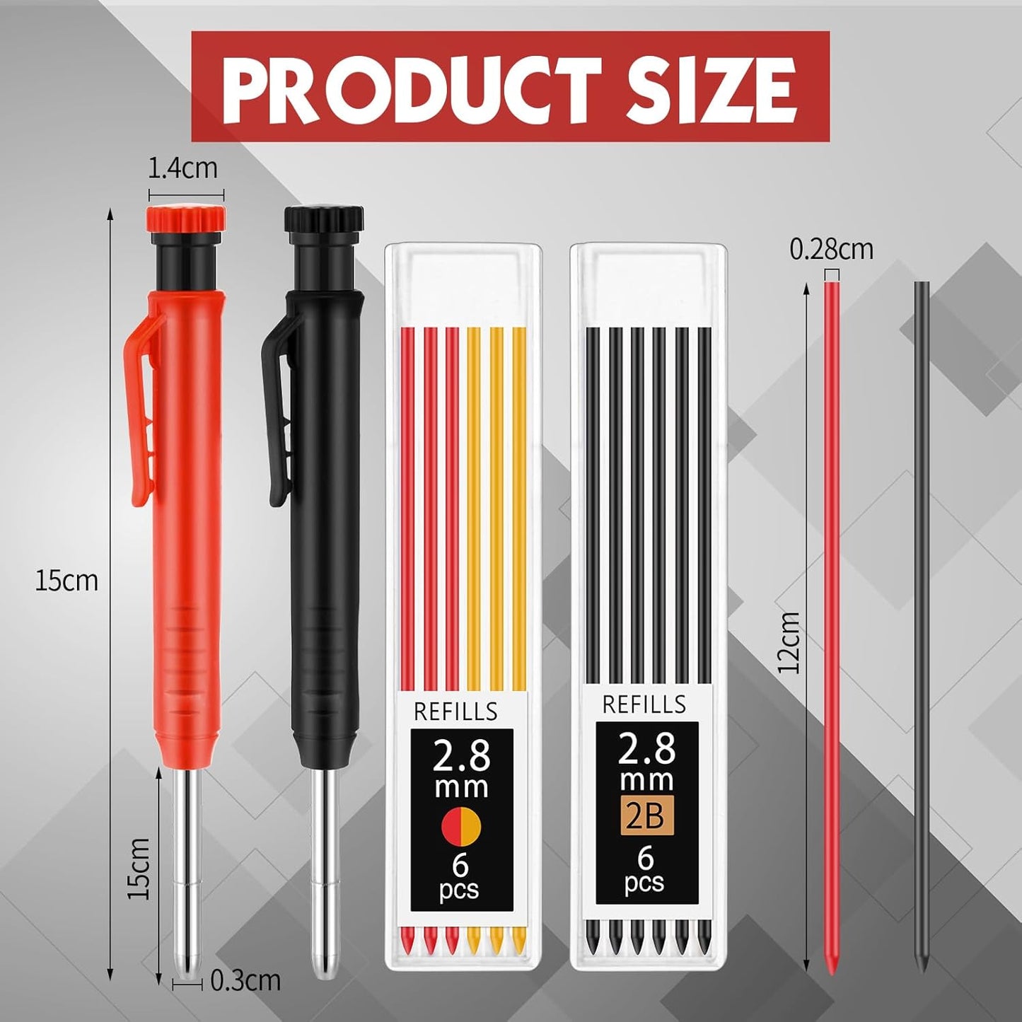 8 pack 2.8mm Mechanical Carpenter Pencils with 48 Refills, Construction Pencils with Built-in Sharpener, Long Nib Deep Hole Marker, Heavy Duty Woodworking Tools (Black+red)