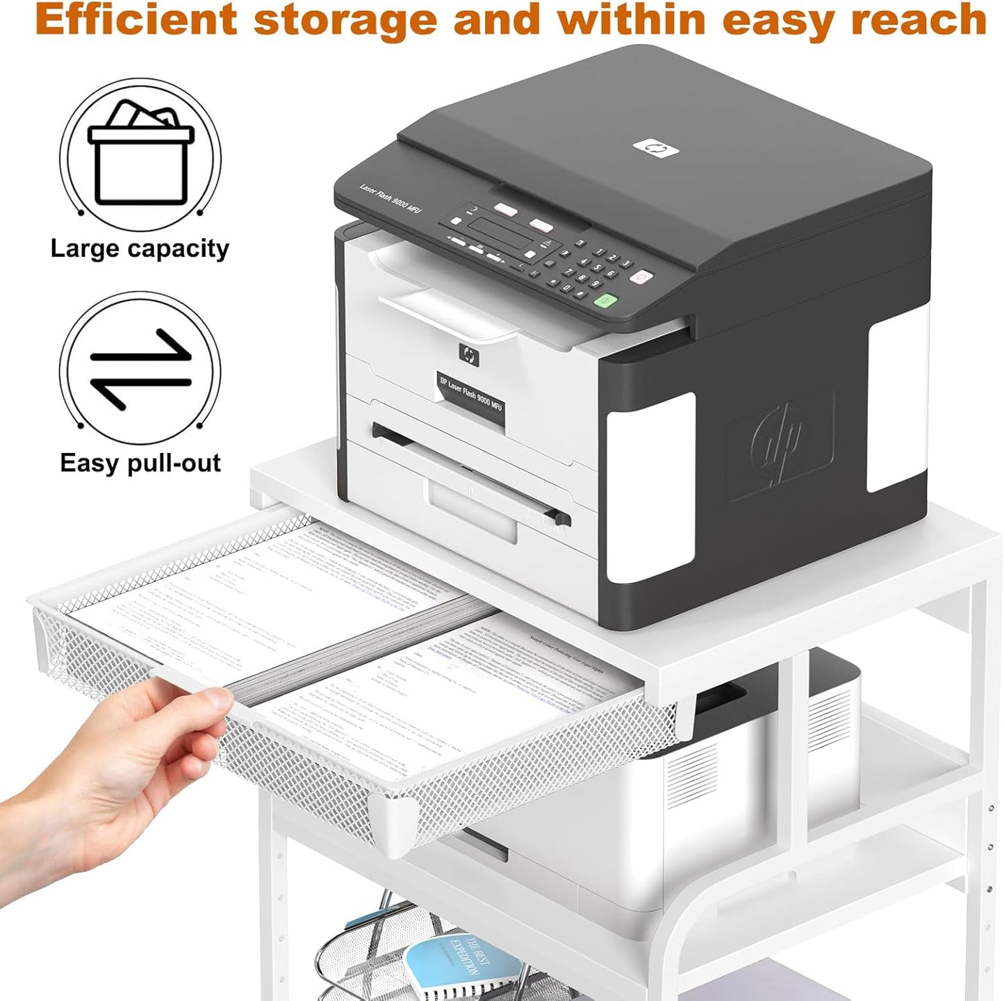 EasyCom 23.6''x18.9'' Extra Large Printer Stand with Drawer, 5-Adjustable Heights 3 Tier Table with Wheels, Rolling Printer Cart with Storage for Printer Scanner Fax Home Office Use