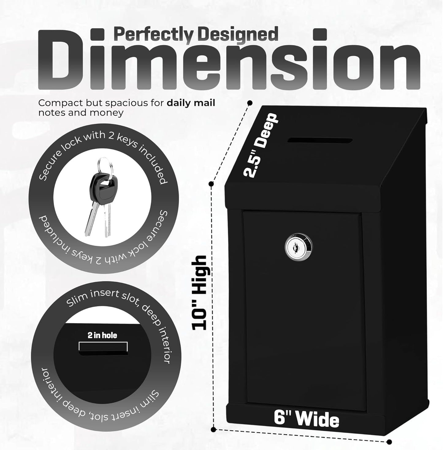 Metal Donation Box-Suggestion Box with Slot and lock-Cash Lock box for Money-Secure Drop Box-Comment and ballot voting box-comes with pre-drilled holes for easy wall mounting 10 X 6 X 2.5"(Black)
