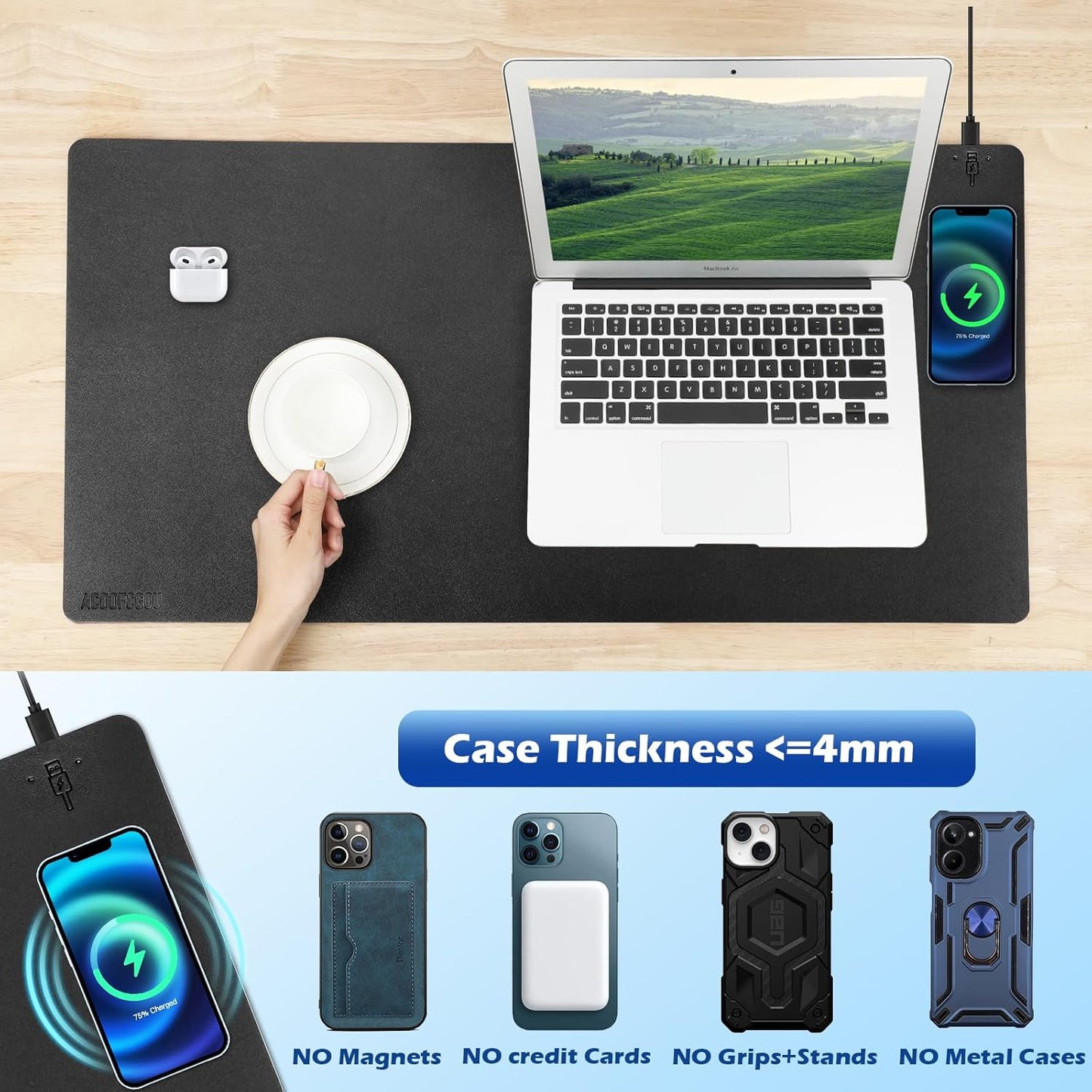 Wireless Charging Desk Mat with Desk Pad for Desktop Charging Large Mouse Pad Waterproof Leather Computer Mat Mouse Pad Non-Slip Protector on Top of Desks for Keyboard and Mouse (black-r, 32*16inch)