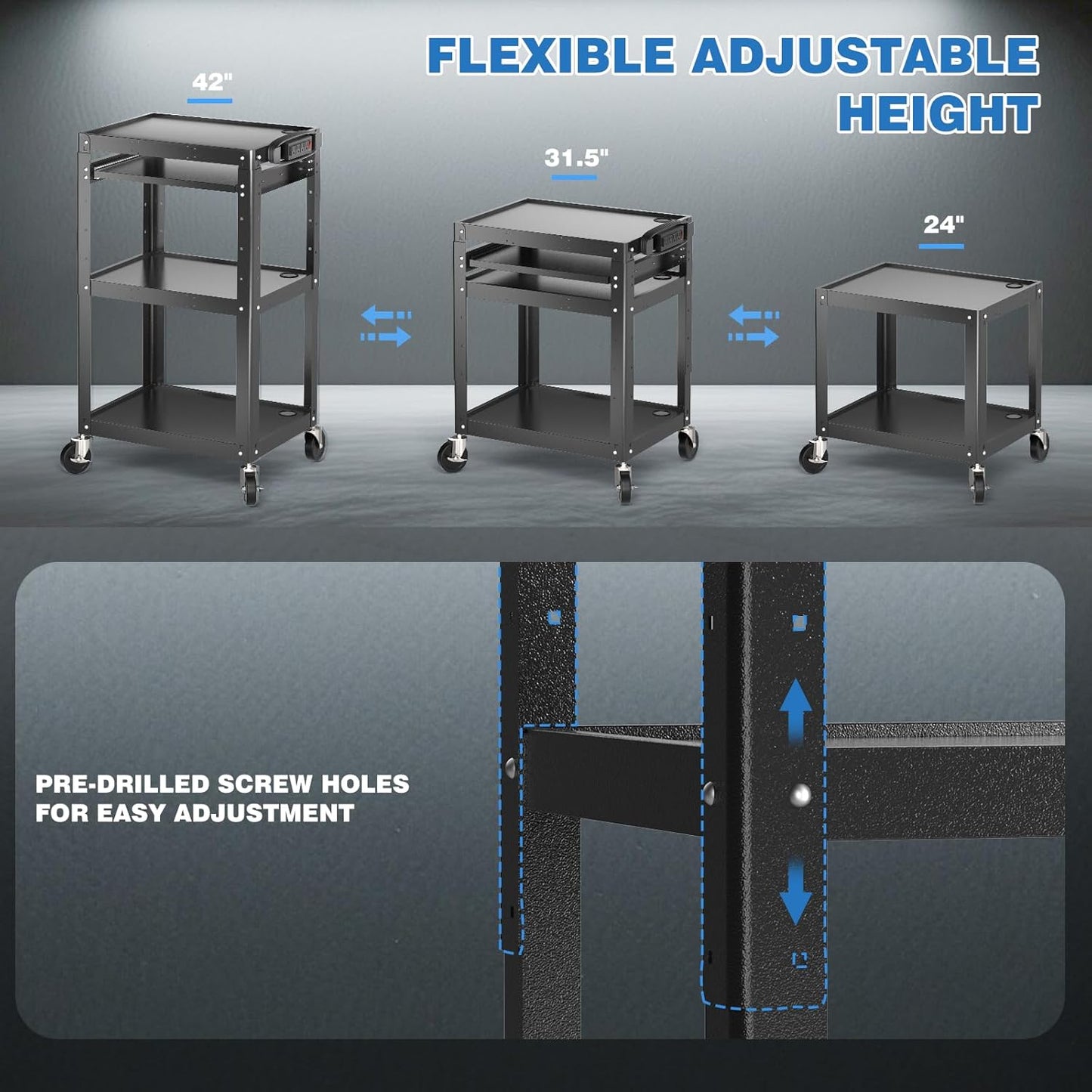 Steel AV Cart on Wheels - Rolling Projector Cart with Height Adjustable Shelf, Pullout Keyboard Tray, Power Strip, Cord Management - Mobile Media Carts Computer Workstation for Office Classroom