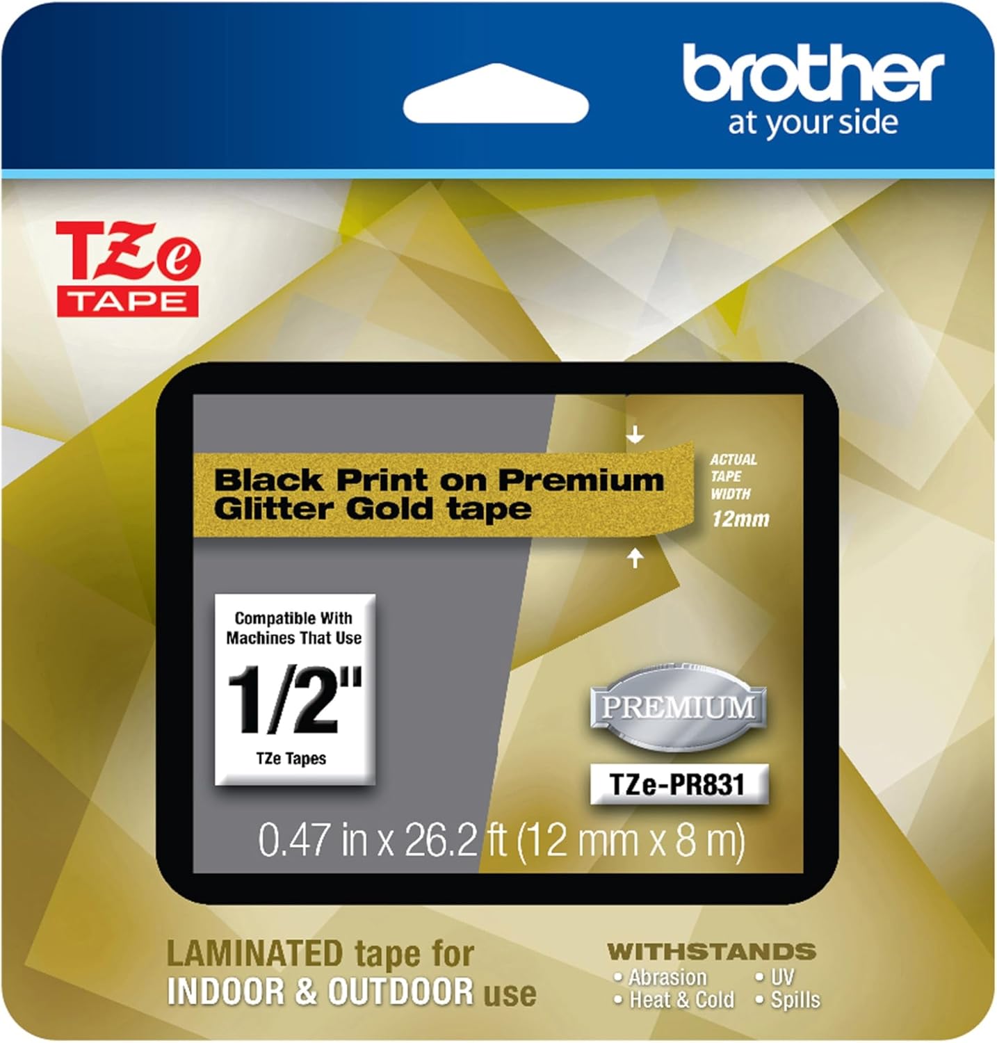 Brother P-touch TZe-PR831 Black Print on Premium Laminated Tape 12mm (0.47”) wide x 8m (26.2’) long, Glitter Gold, TZEPR831