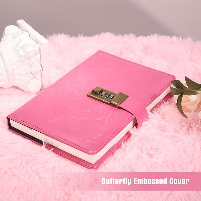 TIEFOSSI Diary with Lock for Women Girls, Lined Locked Journal, Butterfly Journal Notebook with Pen and Bookmark, A5 Refillable Locking Journals for Writing, 224 Numbered Pages