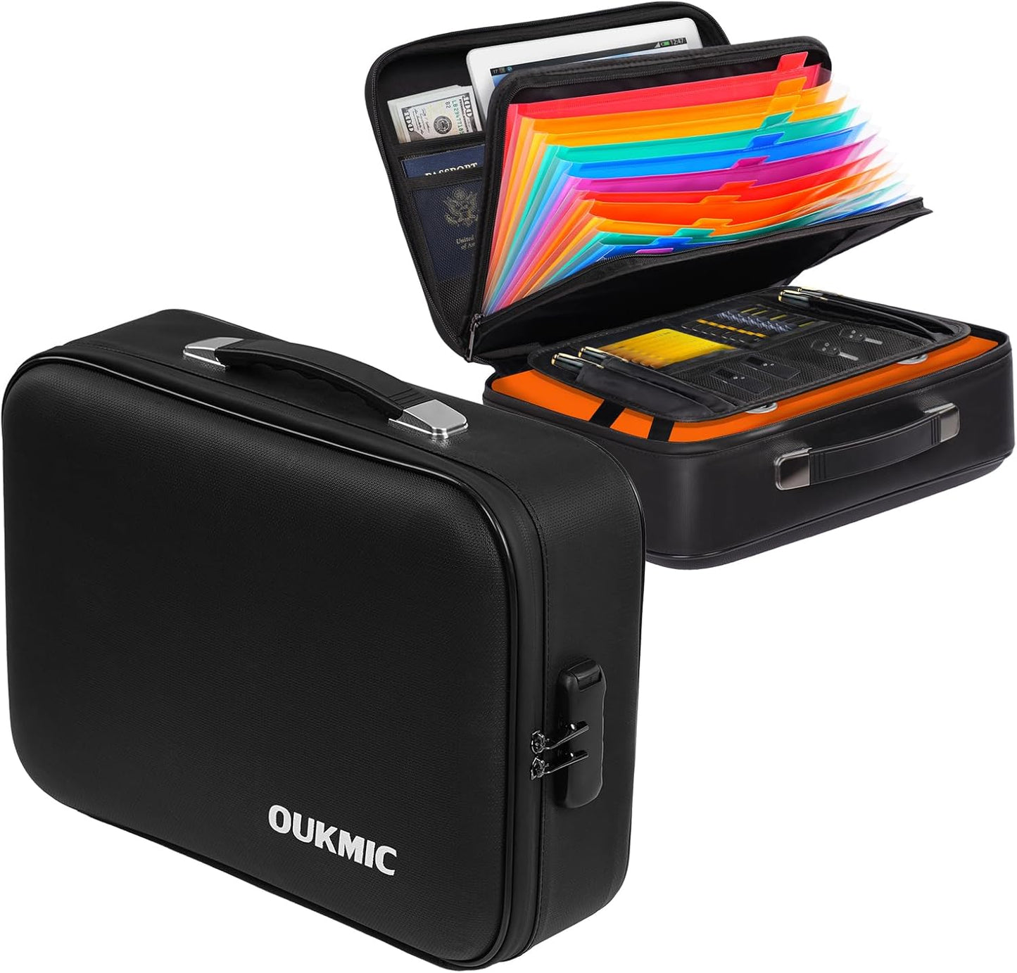 Fireproof Document Box with Lock, Portable Water Resistant File Organizer with Hard Case, 16" x 12"x 6" Home Travel Office Safe Storage for Important Documents, Passports, Laptop, Black