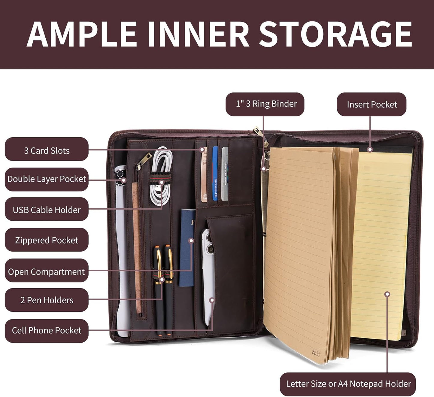 3 Ring Binder Genuine Leather Portfolio, Front Pocket, 8.5 x 11 Legal Pad Padfolio for Men and Women, Zip Notepad Laptop Organizer, Professional Business Executive Work Folio, Dark Brown