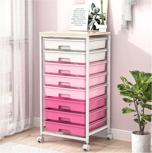 Rolling Cart with Drawers,Storage Cart with 8 Drawers and Wooden Tabletop,Utility Cart for Living Room,Classroom, Bedroom,Bathroom,Dorm,Office,Rose Pink