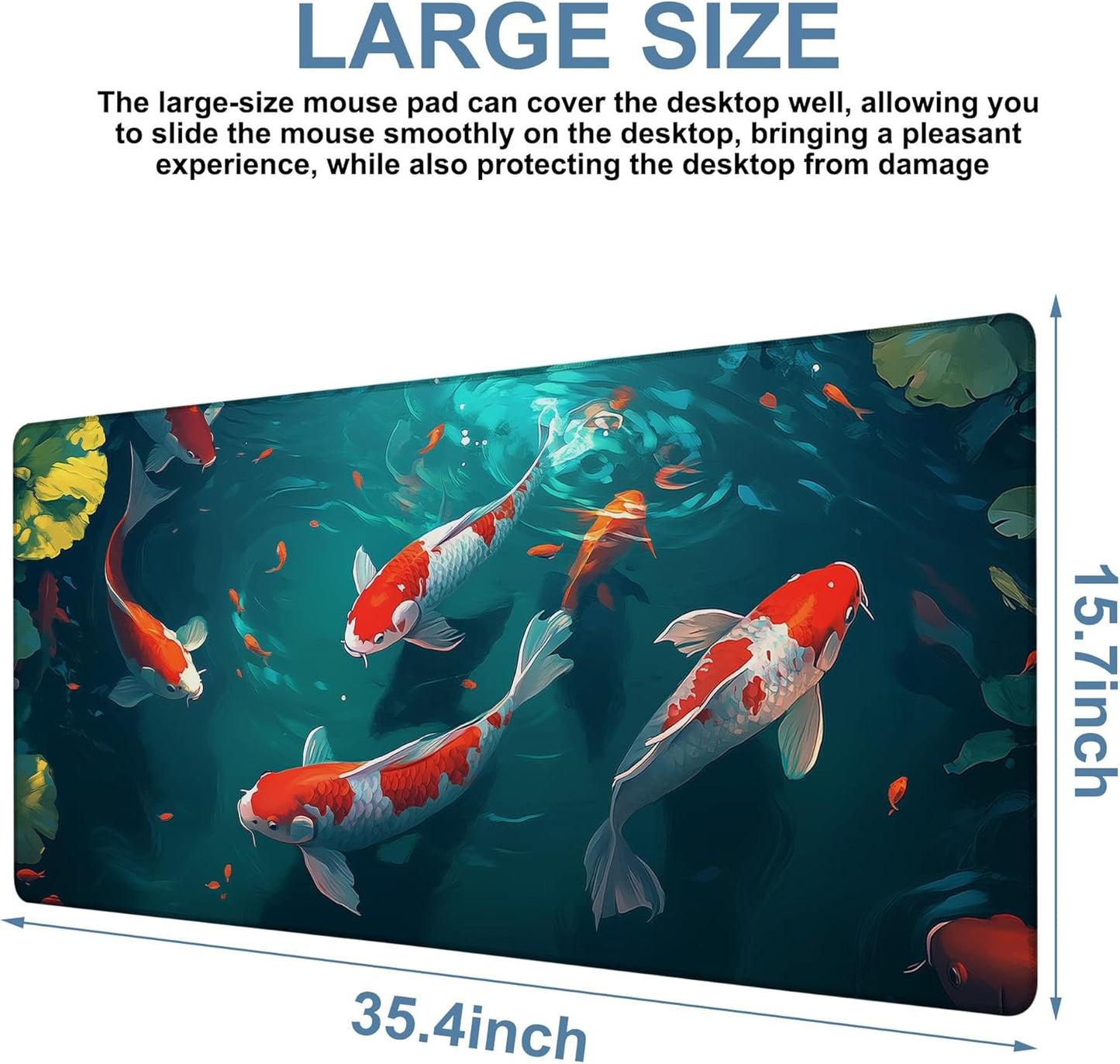 Large Mouse Pad Koi Fish Gaming Desk Pad Computer Keyboard Non-Slip Waterproof Mouse Mat with Rubber Base and Stitched Edges Entertainment Office Writing Desk Mat 35.4 x 15.7 Inches