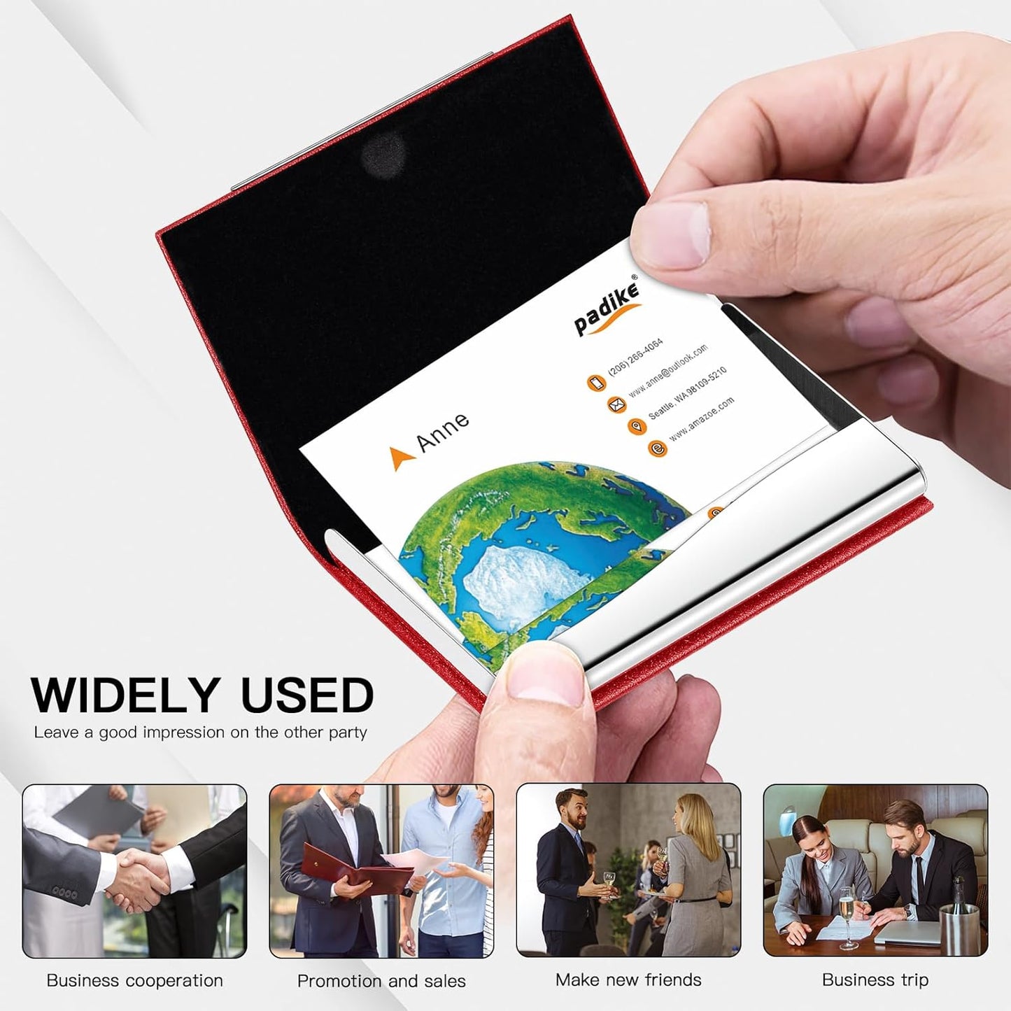 Padike Business Card Holder, Red Faux Leather Wallet with Stainless Steel, RFID Protected