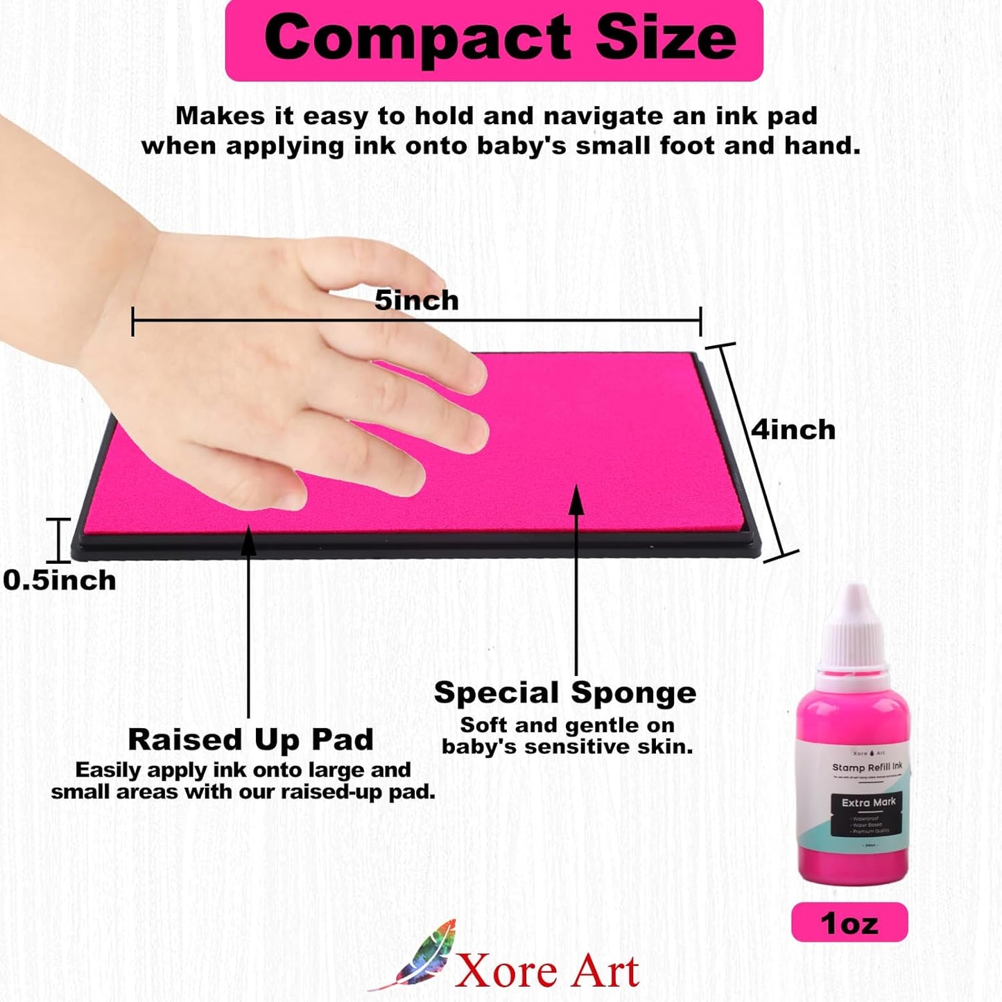 5"x4'' Large Ink Pad Washable Stamp Ink Pad for Baby Footprint Handprint with 30ml Premium Refill Ink (Pink)