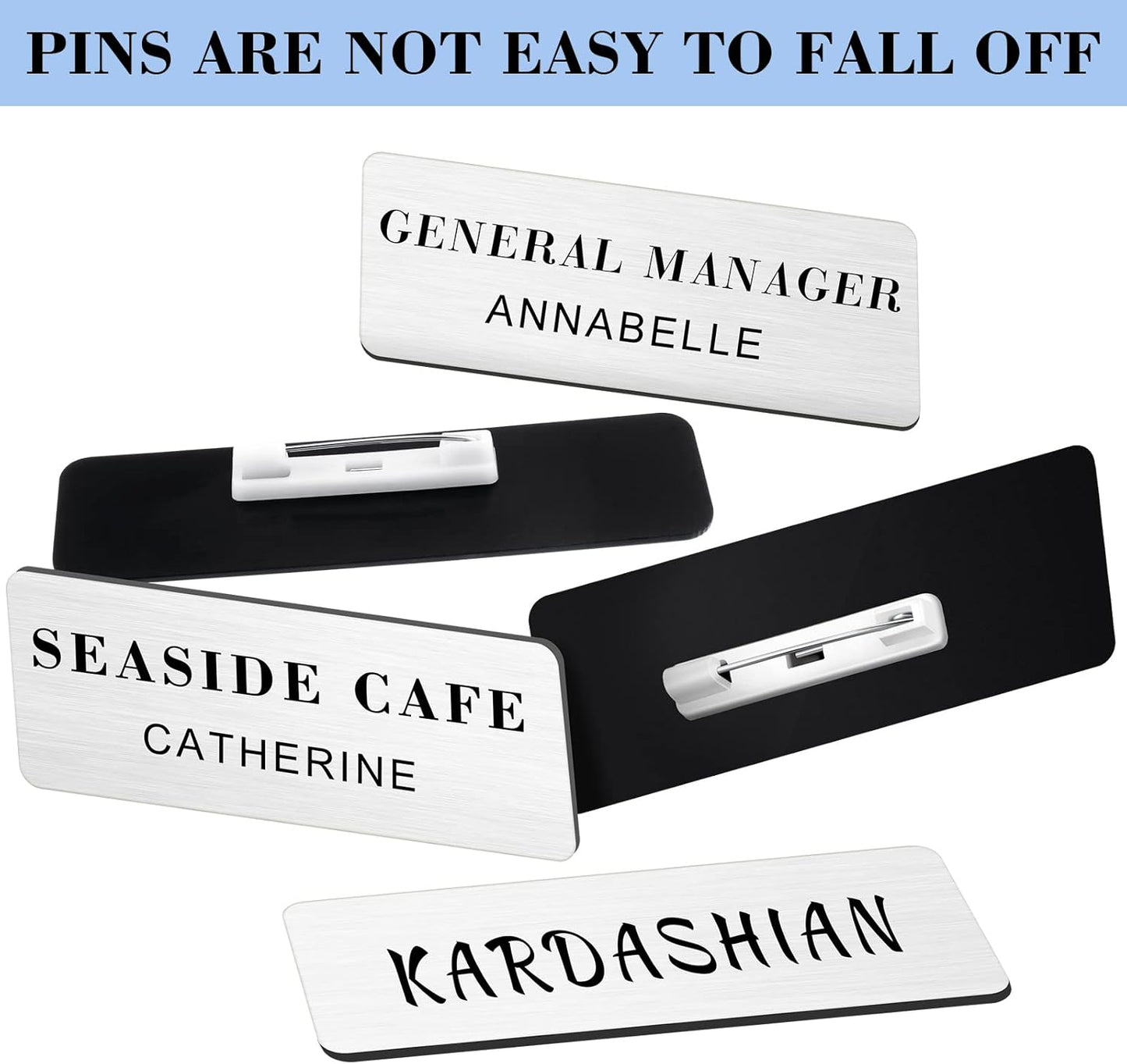 Breling 100 Pieces Name Tags with Pins 1 x 3 Inches Blank Name Tags Reusable ID Badge Holders with Clip for Office Workers Students Employee Custom(Silver and Black)