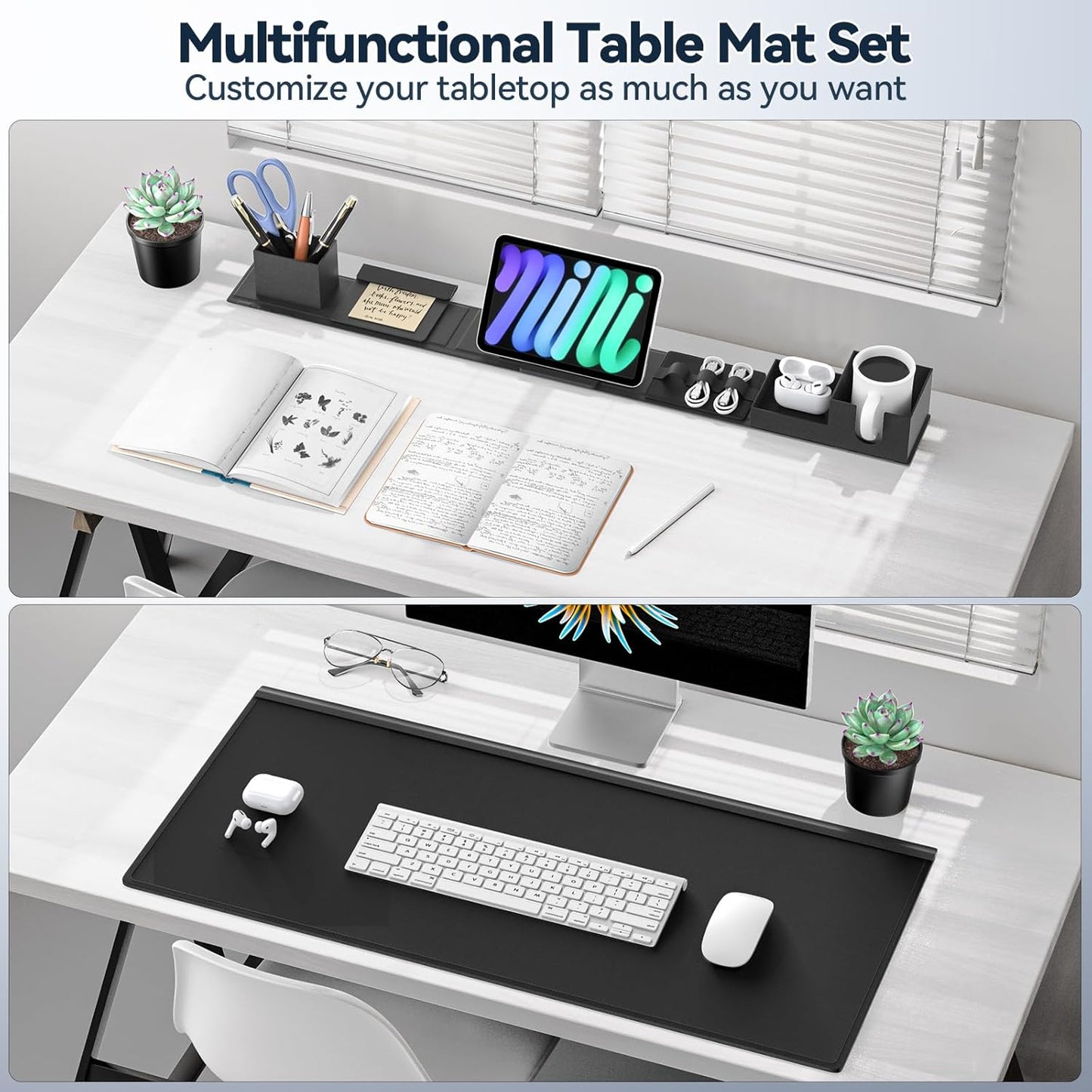 KDD Desk Pad Mat Set, 6 in 1 Mouse Mat with Magnetic Desktop Storage Accessories DIY Feature for Phone and Tablet Stand/Cup Holder/Pen Card Holder/Cable Management for Home Office Accessories