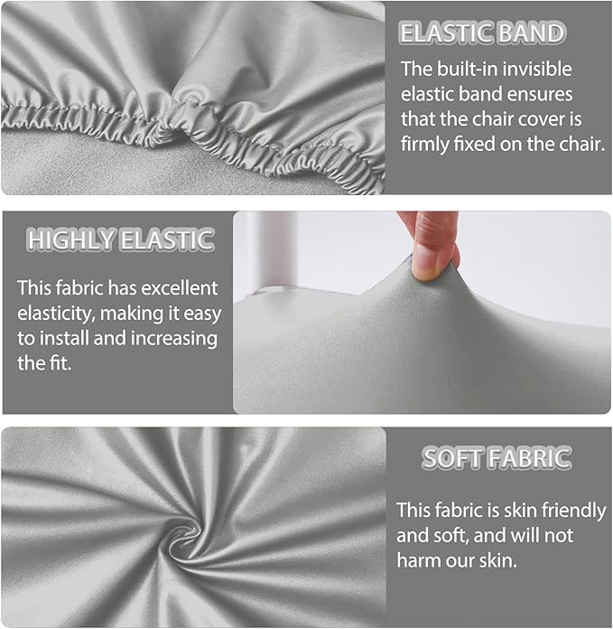 CWK Waterproof PU Leather Dining Chair Covers Set of 6-Stretchable Chair Seat Slipcovers, Removable & Washable Protector for Dining Room,Home,Office,Wedding,Rear Covers (PU-Silver)