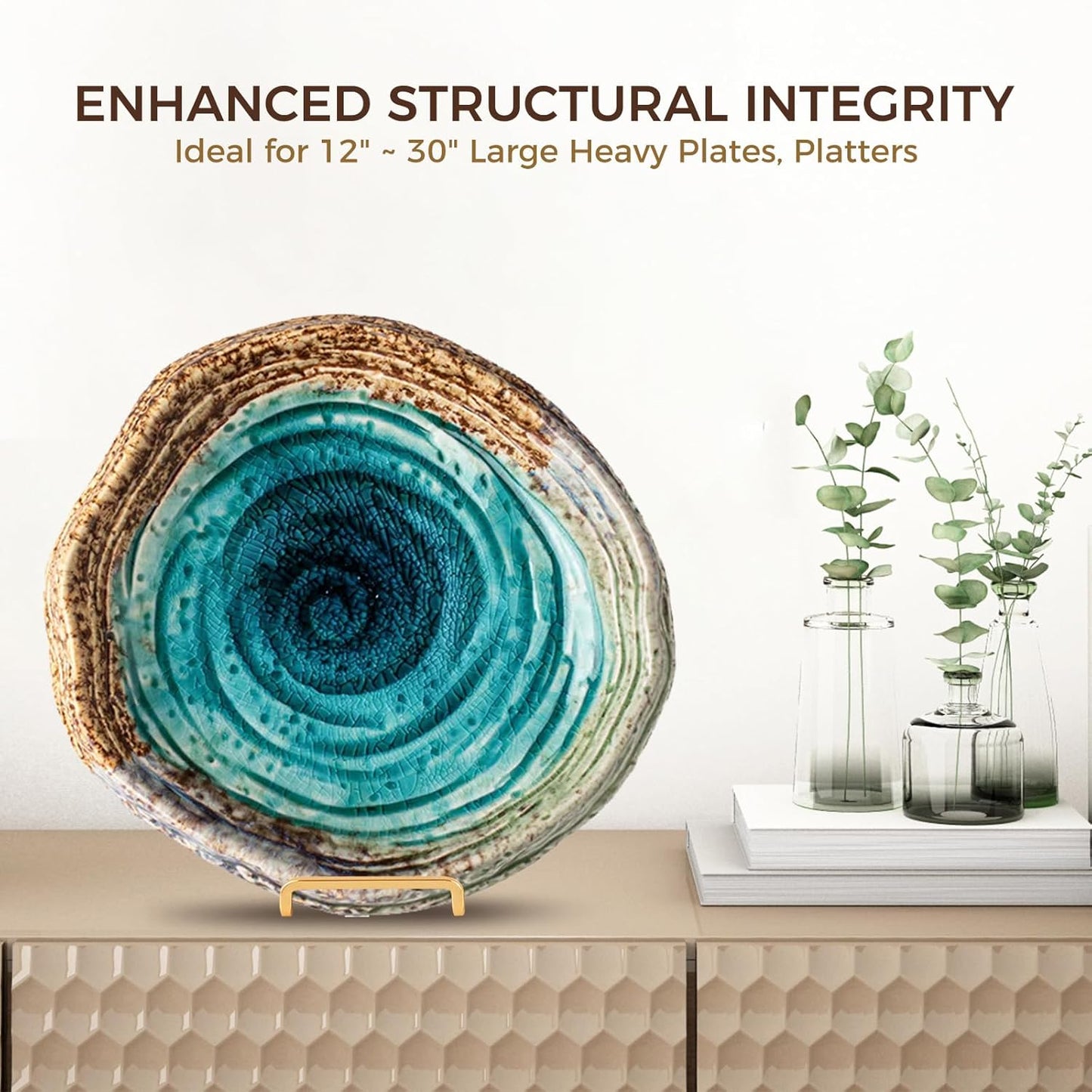 Large Plate Holder Display Stand - 10 inch Tall Plate Stands for Display - Metal Picture Frame Stand - Big Tabletop Easel Stand for Decorative Plates | Platter | Book | Plaque | Tile - 3 Pack - Gold