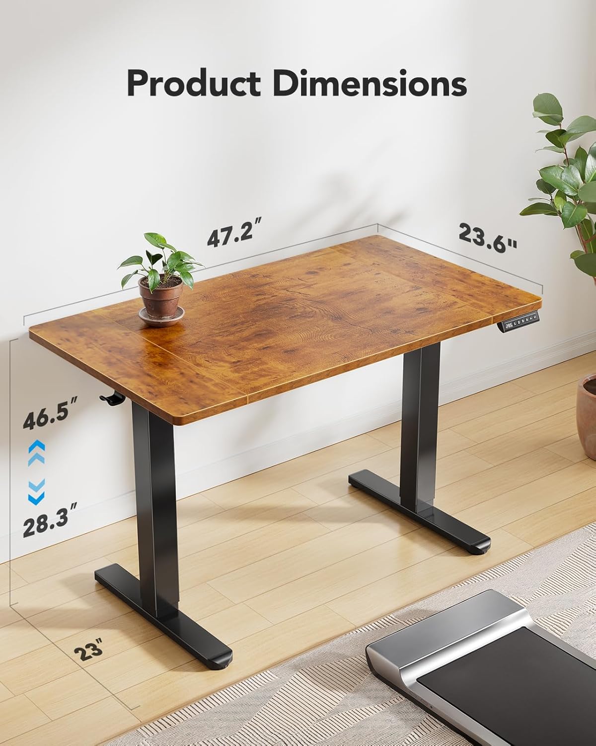 HUANUO 48 x 24 inch Electric Standing Desk, Height Adjustable Table with Headphone Hooks & Cable Manager, Sit to Stand up Desk for Home Office, Vintage Brown