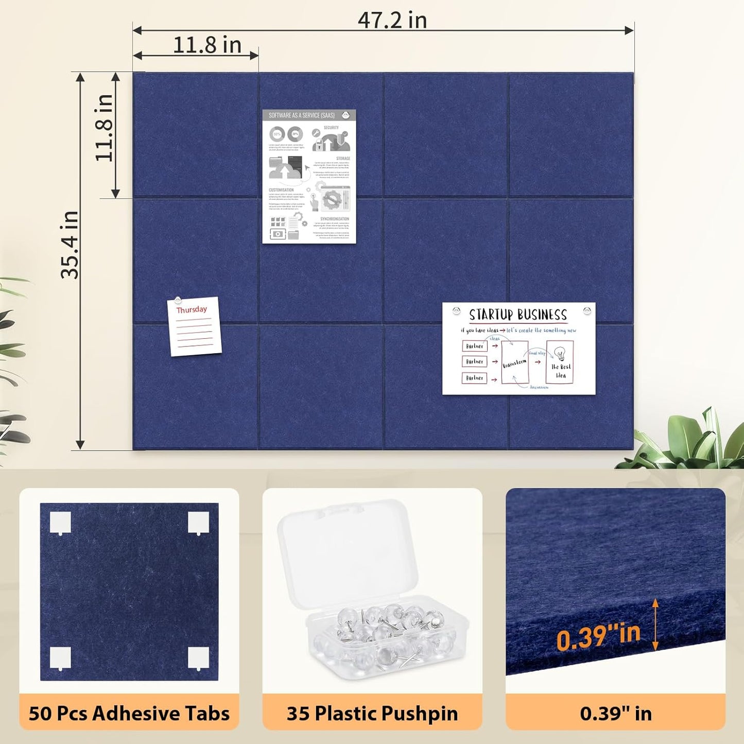 Smarpau Large Cork Board 48"x36", Bulletin Board for Walls, 12 Pack Pin Board Felt Corkboards with 35 Pushpins 50 Removable Security Stickers, Cork Boards for Office Home Decor