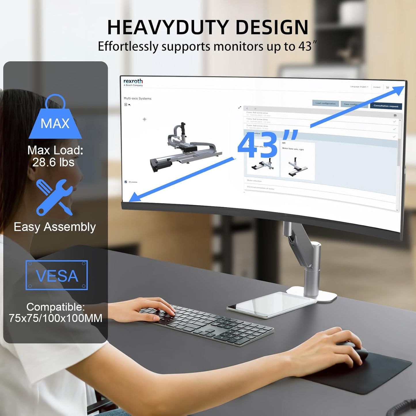 Suptek Ultrawide Monitor Arm Mount for 17 to 43 Inch Heavy Duty Curved Screen,Holds 28.6 lbs,Adjustable Gas Spring Monitor Arm Desk Mount Stand,75/100 Vesa Mount,Silver(MD71MS)