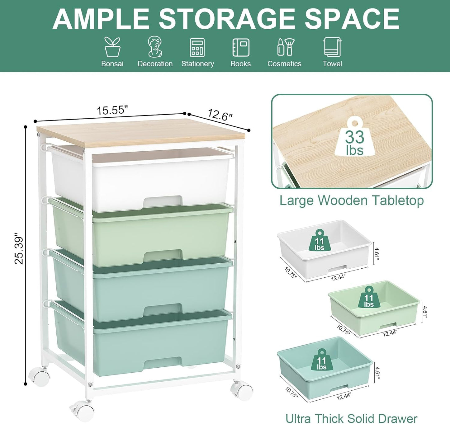 Utility Cart with 4 Drawers,Rolling Storage Cart with Drawers,Storage Rolling Drawer Cart with Wooden Tabletop for Bedroom,Kid's Room,Dorm,Classroom,Office,Green