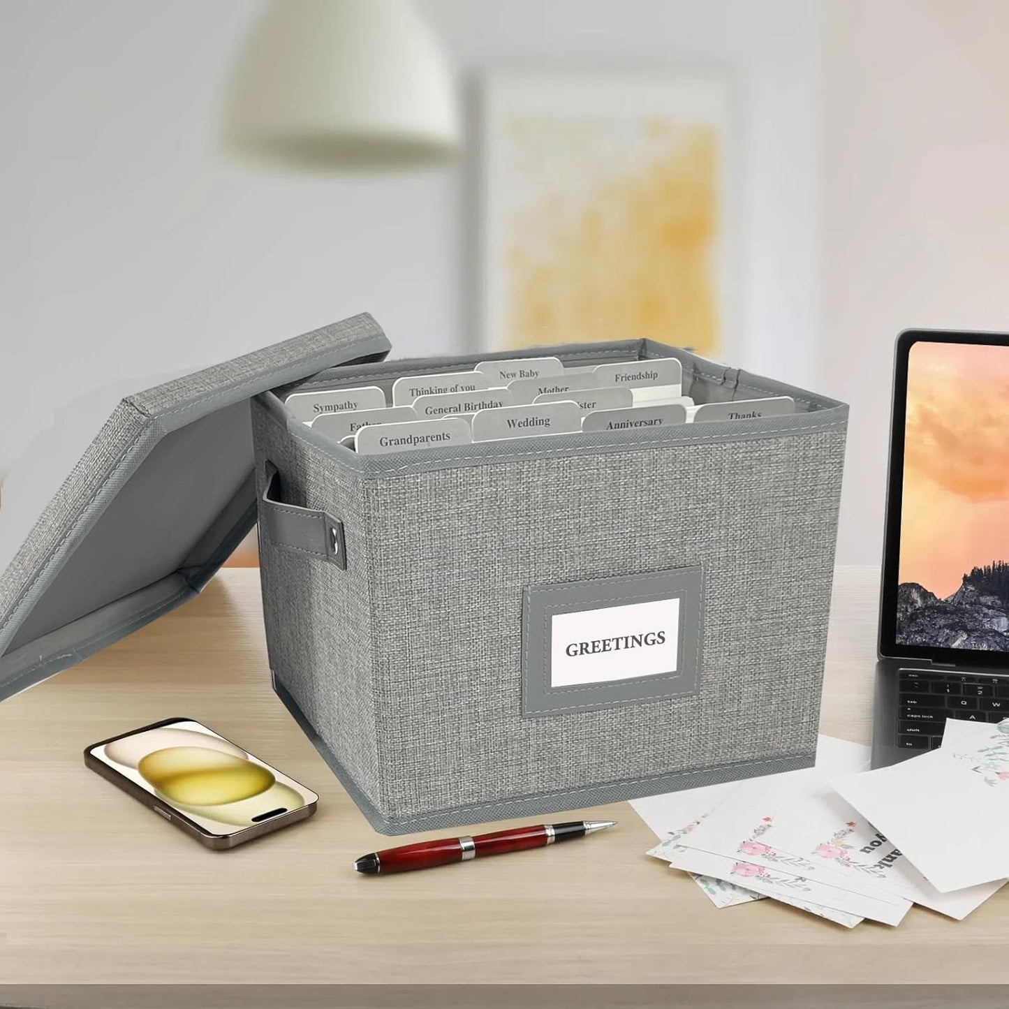 Greeting Card Organizer Box with 16 Dividers,Collapsible Greeting Card Storage Box with Handles Hold 150+ Cards,Greeting Card Holder for Greeting Cards,Sticker, Recipes, Photos, Envelopes,2-Pack