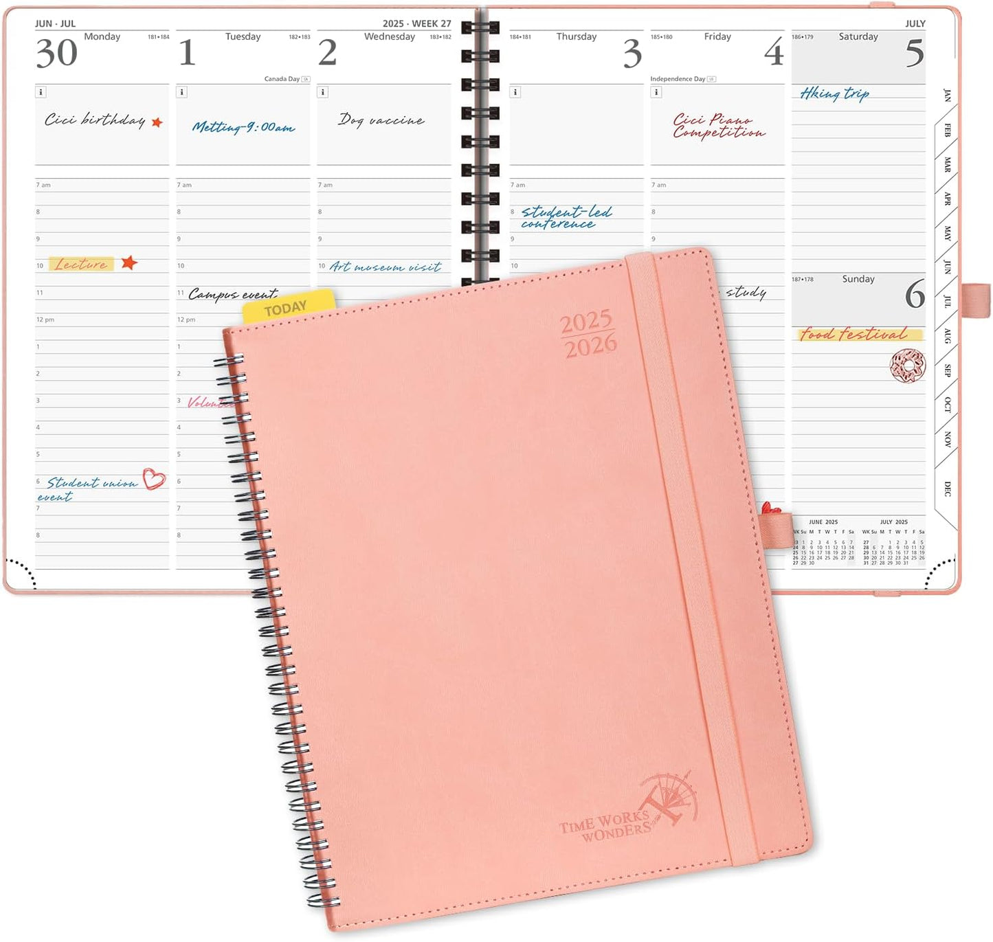 POPRUN Planner 2025-2026 (Large - 8.5'' x 10.5'') Academic Weekly Calendar (July 2025 - June 2026) with Hourly Time Slots, Monthly Tabs, 100GSM Thick Papers, Spiral Leather Cover - Pink