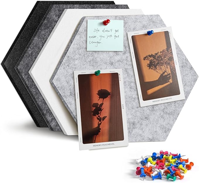 12" Large Bulletin Board with 15 Push Pins, Pack of 4 Hexagon Felt Pin Board Notice Boards for Home Office, Felt Wall Tiles for Photos Memos (Black Grey)