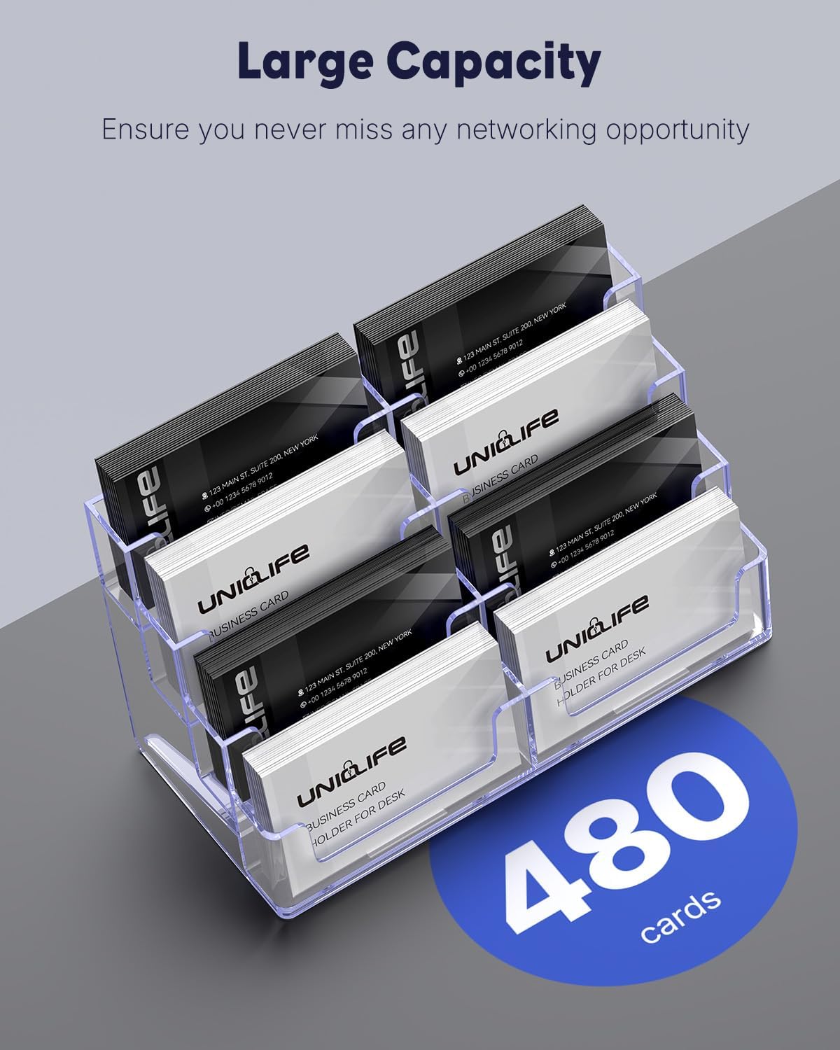 Uniclife 2 Pack Acrylic Business Card Holder for Desk 8 Slots Clear Business Card Display Stand for Men & Women Desktop Business Card Organizer Card Stand for Office Home Exhibition, 480 Card Capacity