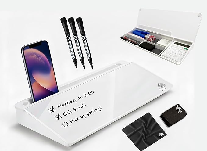 Small Desktop Whiteboard, Glass Dry Erase Board Computer Keyboard Stand Surface Pad with Drawer, Desk Organizer with Accessories for Office, Home, School, to-Do List Board