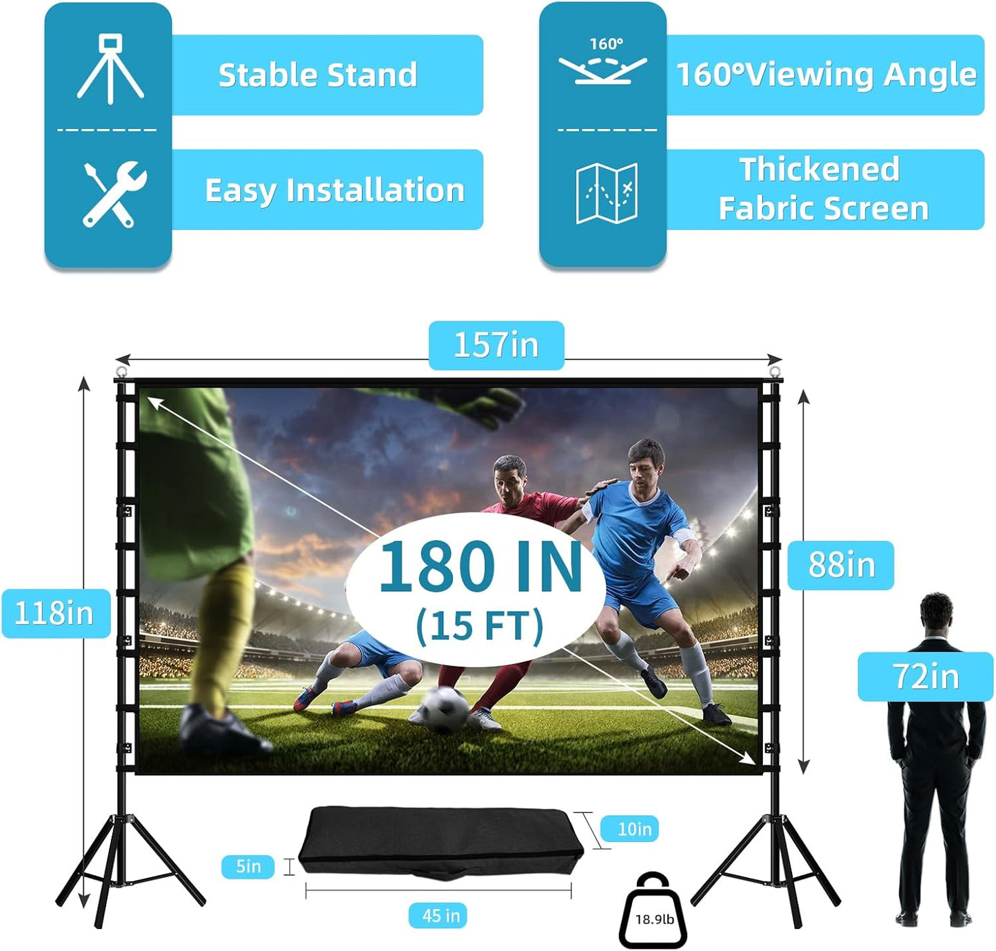 TOWOND Projector Screen and Stand, 180 inch Outdoor Projector Screen 15 FT Large Projection Screen, Portable 16:9 4K HD Rear Front Movie Screen with Carry Bag Wrinkle-Free Design for Backyard Theater