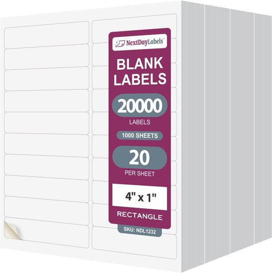 NextDayLabels – 4” x 1" Rectangular Sticker Labels for Printer - White Laser/Inkjet Printer Labels Return Address Labels Shipping Label Stickers (1000 Sheets, 20 Per Sheet, 20000 Labels)