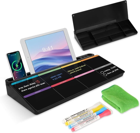 Desktop Glass Whiteboard with Storage, Colorful Weekly Calendar Desk Dry Erase White Board, Desk Organizers and Accessories, Weekly Planner with Notes for List, Planning, Memo, Office, Home, School