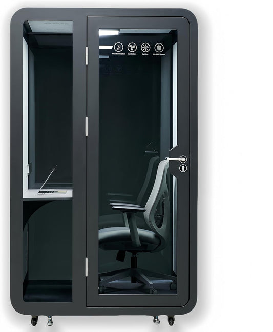Solo Office Pod, Sound Pod, Mobile Office Pod Booth, SoundProof Booth for Office, Privacy pod, Mobile Roller with Desk, LED Light, Centrifugal Fans and AC USB Ports - Black/Smoked Glass