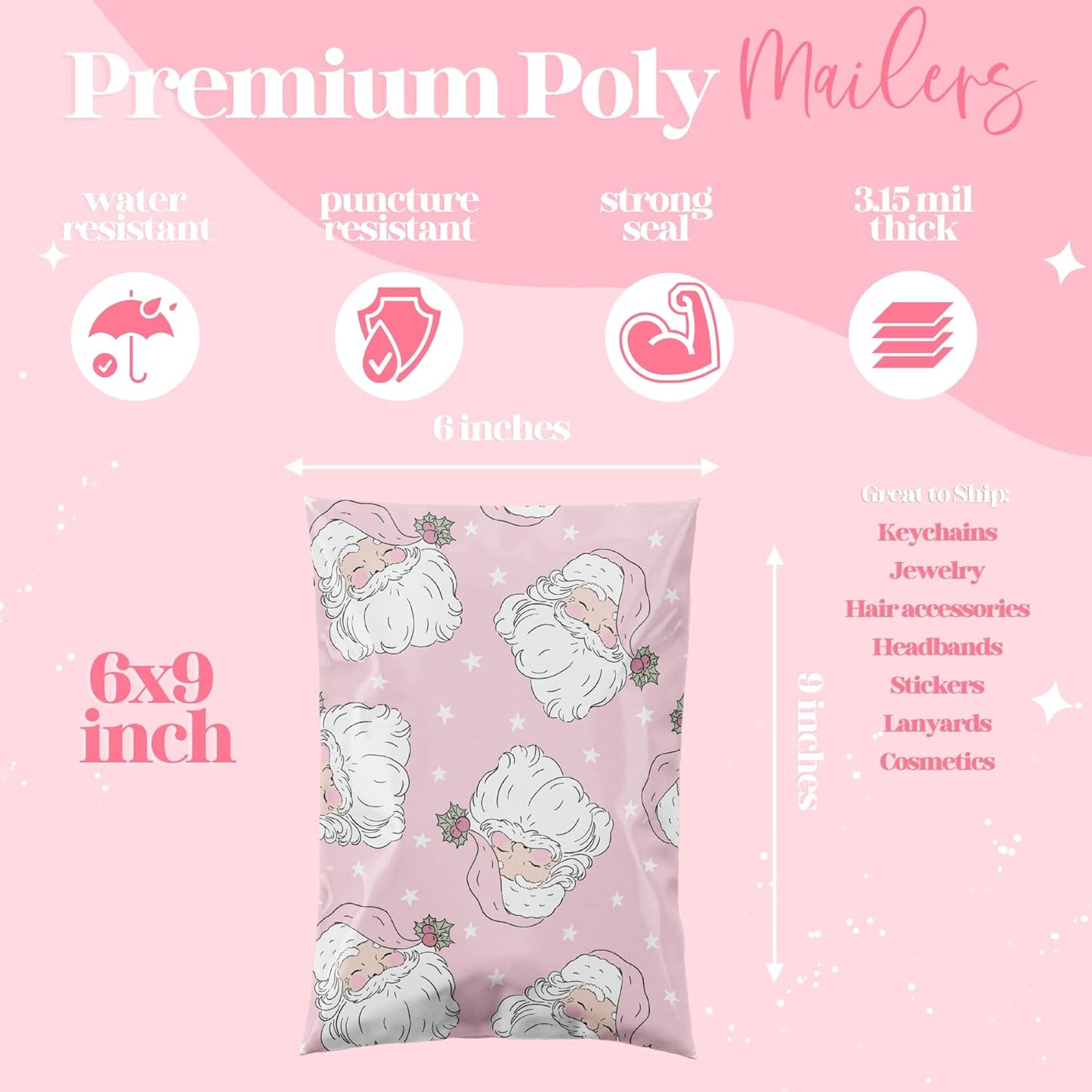 6x9 Designer Christmas Holiday Poly Mailers 100 Pack Heavy Duty Waterproof Self Seal Shipping Bags Large Mailing Envelopes Bulk Tear Resistant Cute Packaging Pink Santa