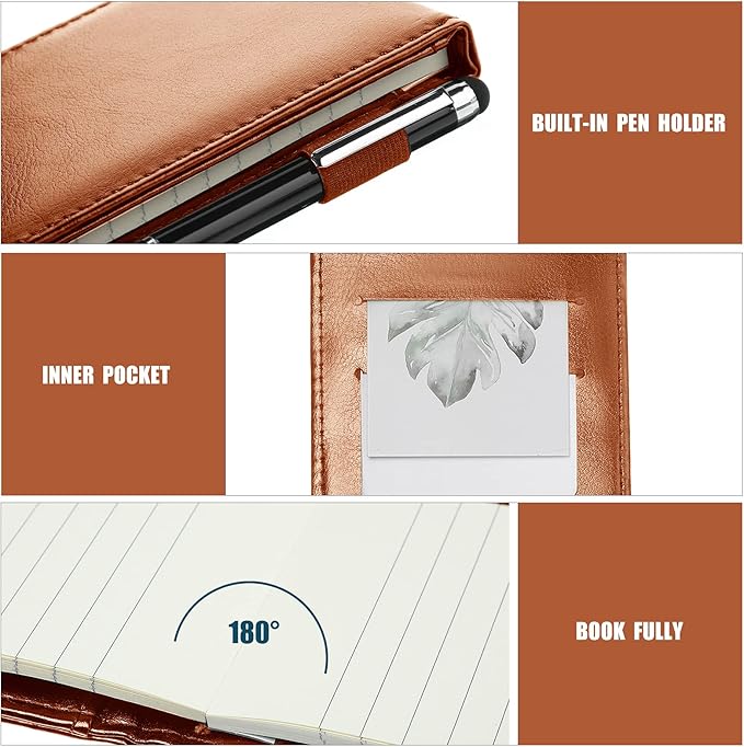 Outus 10 Pcs Pocket Notebook with Pen Set Included Mini Pocket Notepad Holder with 50 Lined Sheets, Metal Pen, 8 Pcs 3 x 5 Inch Memo Book Refills, 30 Lined Paper Per Note Pad (Brown)