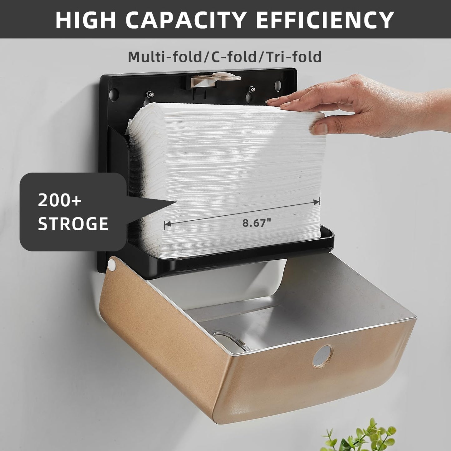 Paper Towel Dispensers Wall Mount: Multifold Z-Fold Paper Towel Holder, No Drilling Install, Compact Hand Towel Dispenser for Home Bathroom, Restroom, Office, Gold