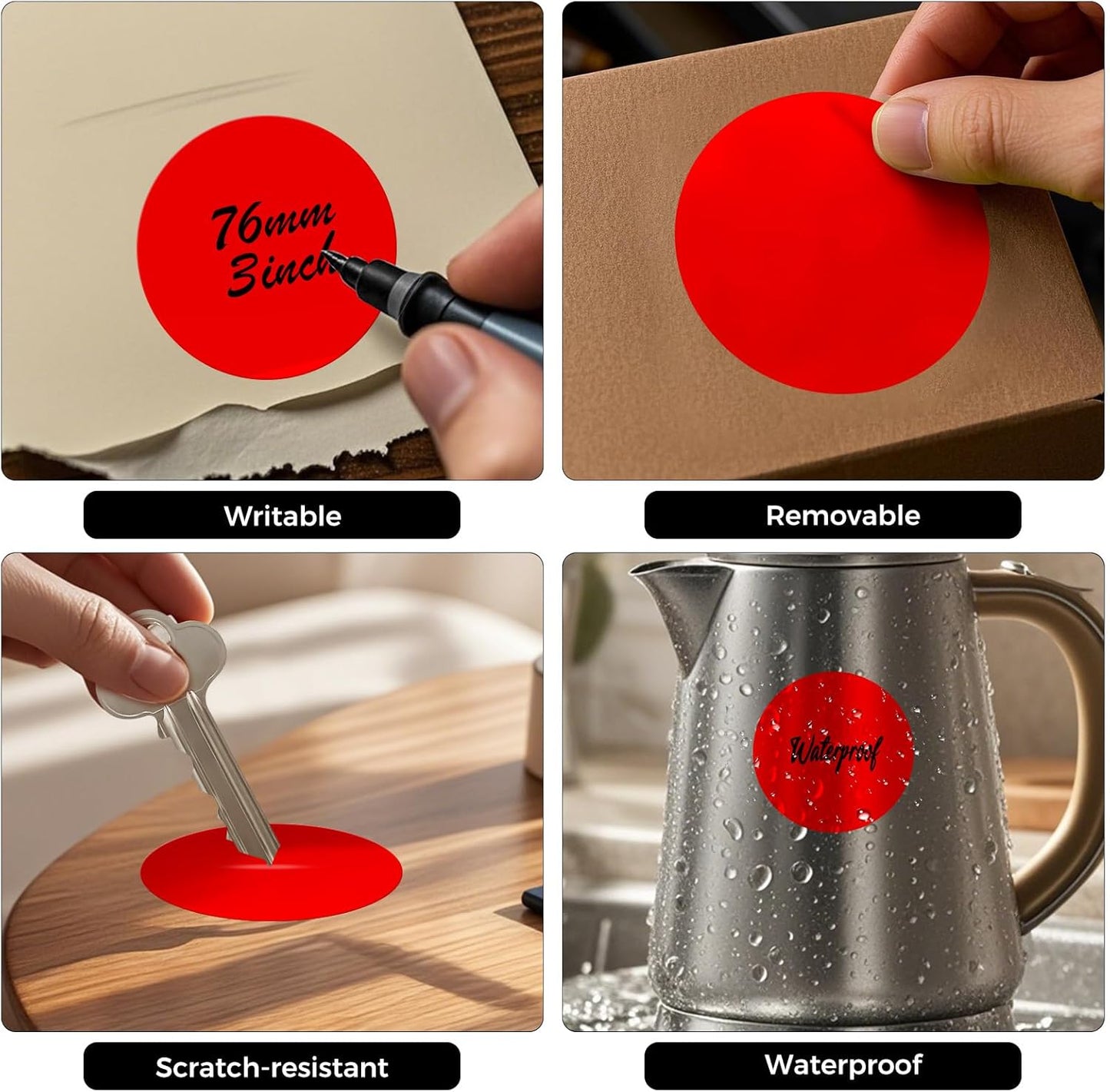 500 PCS Round Stickers 3 Inch Vinyl Red Colored Dot Sticker Roll Removable Color Coding Circle Floor Labels for Inventory Office Classroom Organize