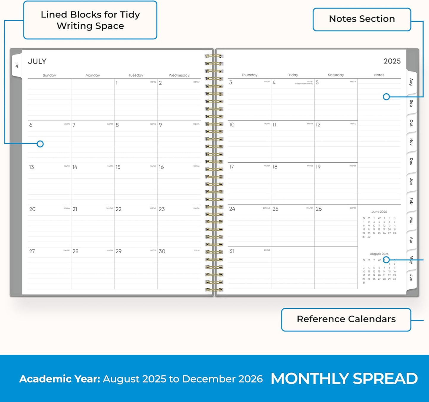 Blue Sky 17 Month 2025-2026 Weekly and Monthly Academic Year Planner Calendar, August 2025 - December 2026, 8.5" x 11", Flexible Cover, Wirebound, Laminated Tabs, Silver Metallic