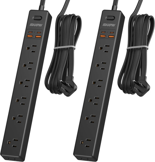 2 Pack Power Strip Surge Protector - 7 Outlets 4 USB Ports (2 USB C), Maxpw 10 Ft Ultra Thin Flat Plug Extension Cord, 1875W/15A, 1700 Joules, Wall Mount for Home Office Dorm, Black
