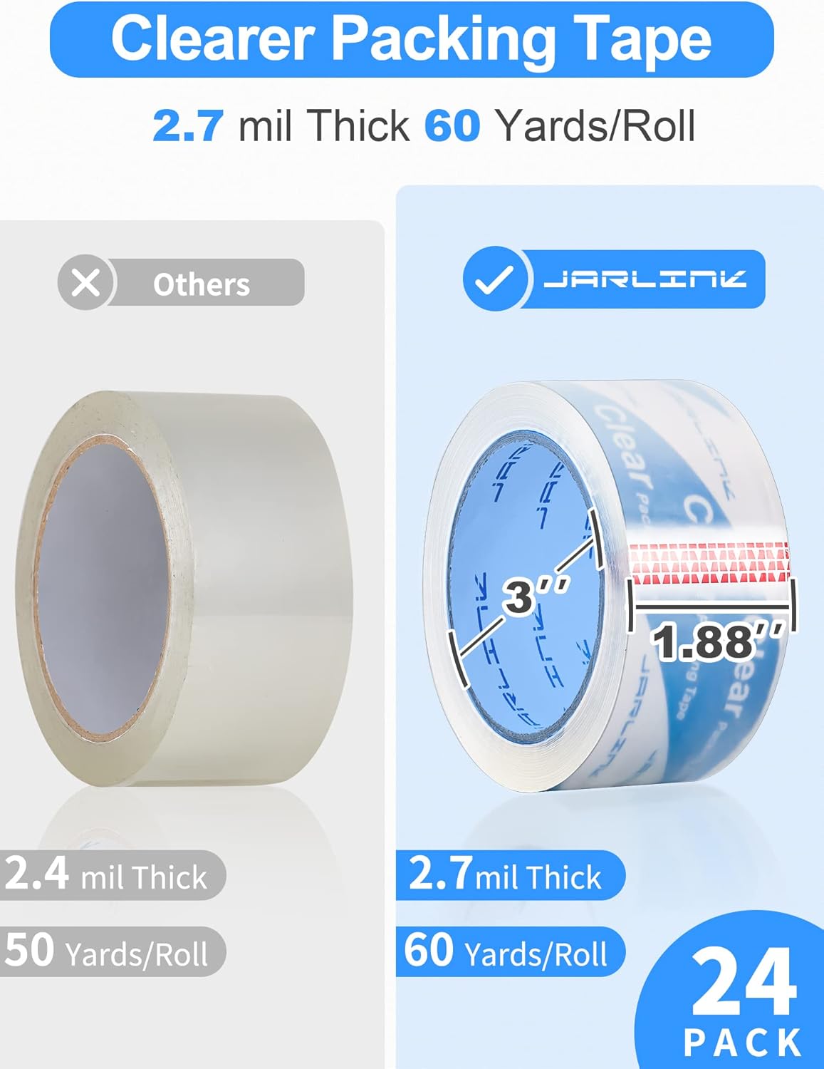 JARLINK Clearer Packing Tape 24 Rolls, Heavy Duty Packaging Tape for Shipping Packaging Moving Sealing, 2.7mil Thick, 1.88 inches Wide, 60 Yards Per Roll, 1440 Total Yards