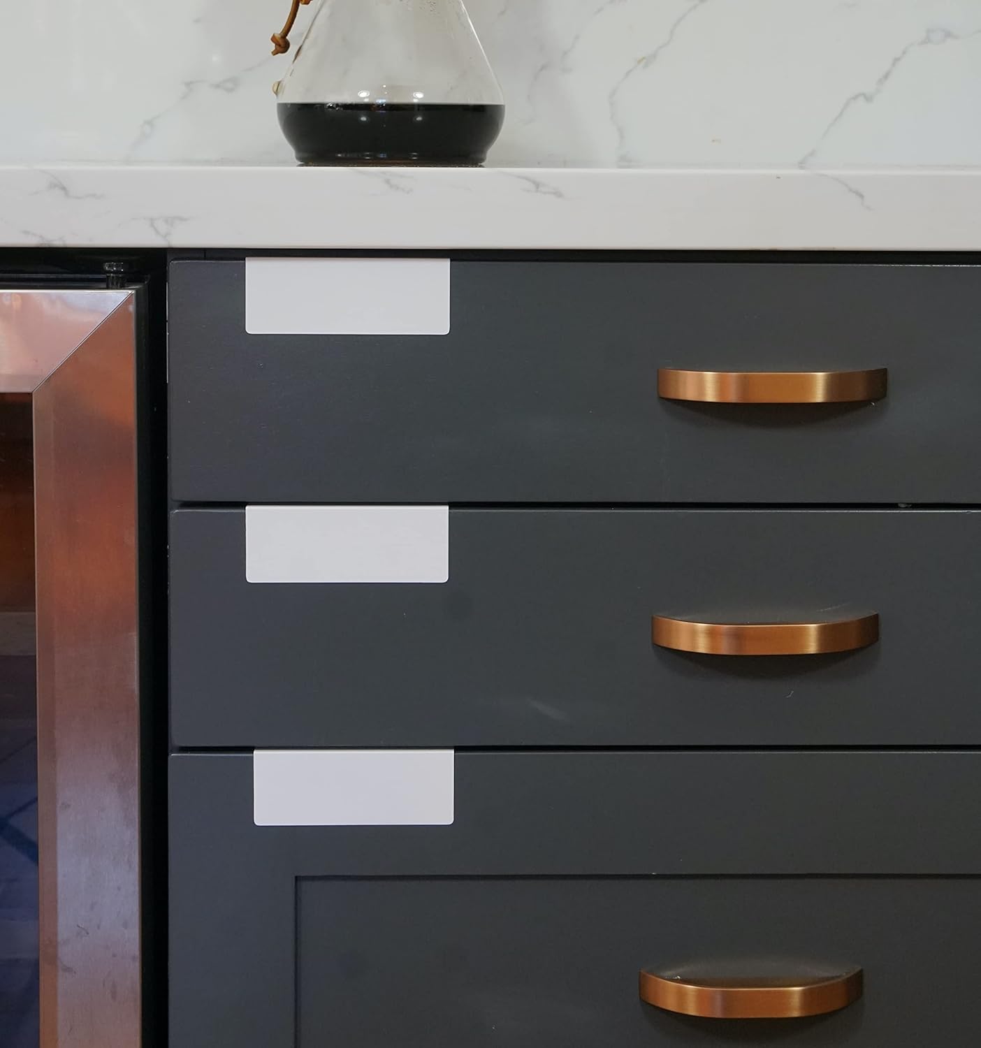 Clip-On Metal Cabinet and Drawer Labels – Reusable Chalkboard Labels for Kitchen, Bathroom, Dresser Drawers. Durable. Polished Edge. No Residue.